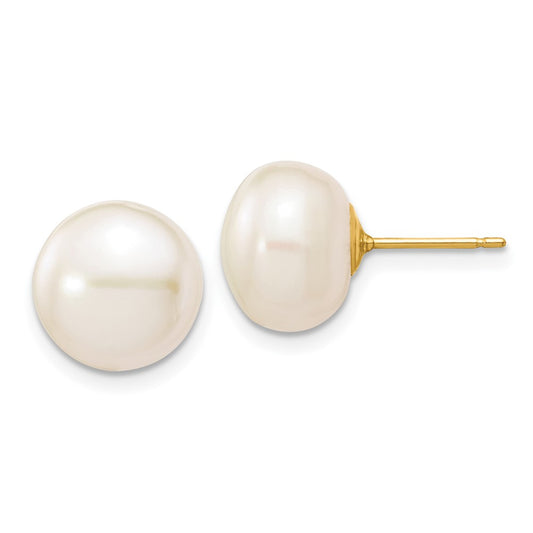 14K Yellow Gold 10-11mm White Button FWC Pearl Stud Post Earrings