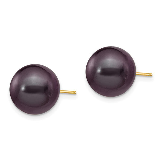 14K Yellow Gold 10-11mm Black Round FWC Pearl Stud Post Earrings