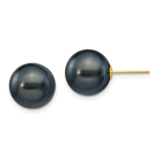 14K Yellow Gold 10-11mm Black Round FWC Pearl Stud Post Earrings