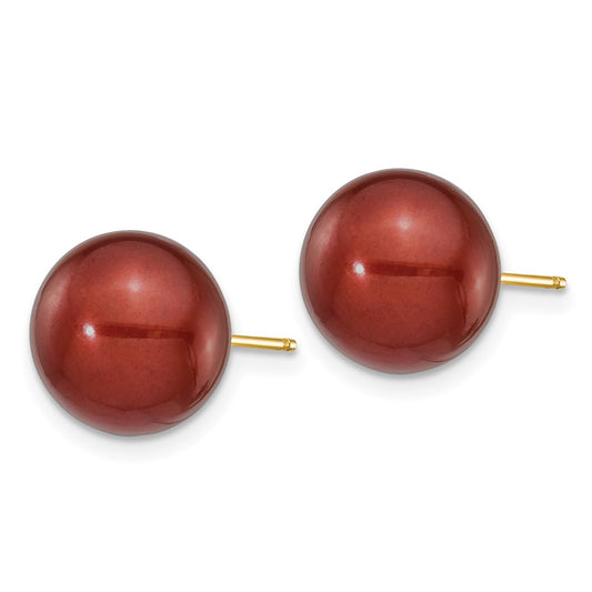 14K Yellow Gold 10-11mm Coffee Round FWC Pearl Stud Post Earrings