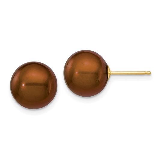 14K Yellow Gold 10-11mm Coffee Round FWC Pearl Stud Post Earrings