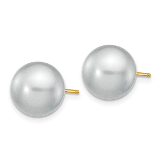 14K Yellow Gold 10-11mm Grey Round FWC Pearl Stud Post Earrings