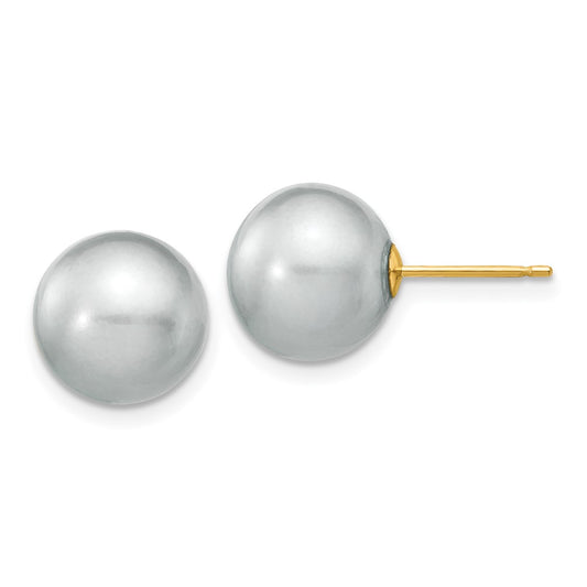 14K Yellow Gold 10-11mm Grey Round FWC Pearl Stud Post Earrings