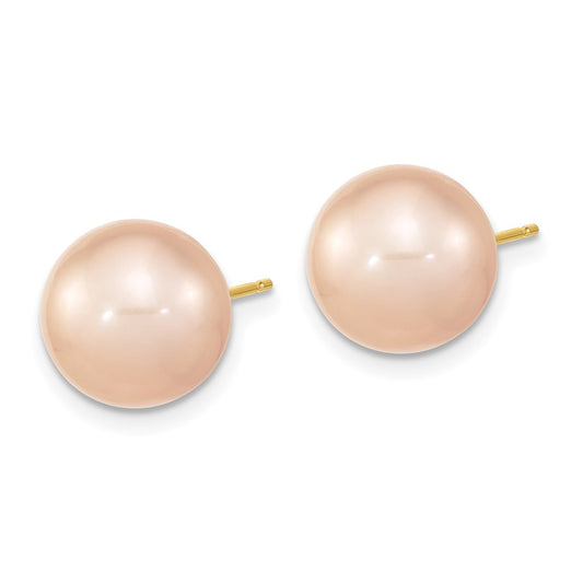 14K Yellow Gold 10-11mm Round Pink FWC Pearl Earrings