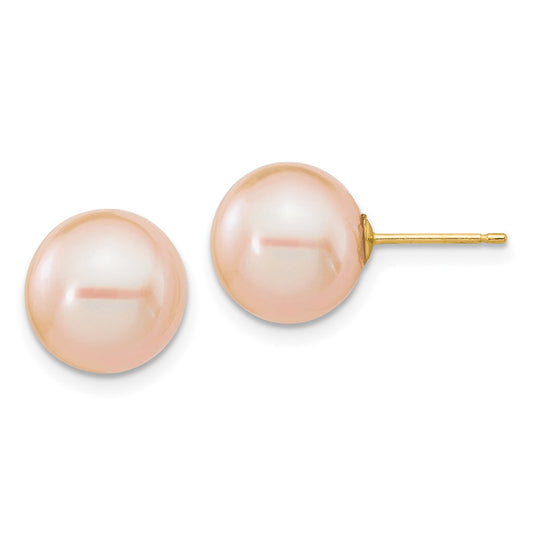 14K Yellow Gold 10-11mm Round Pink FWC Pearl Earrings