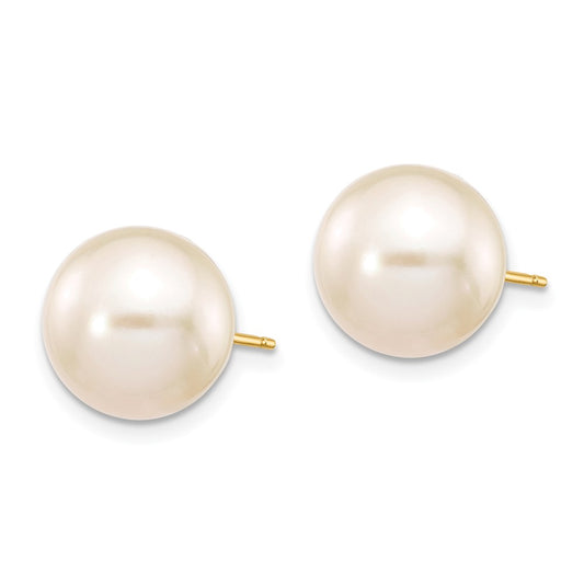 14K Yellow Gold 10-11mm White Round FWC Pearl Stud Post Earrings