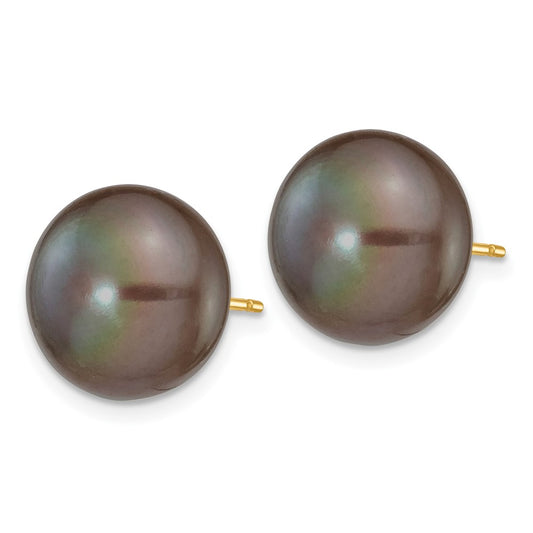 14K Yellow Gold 11-12mm Black Button FWC Pearl Stud Post Earrings