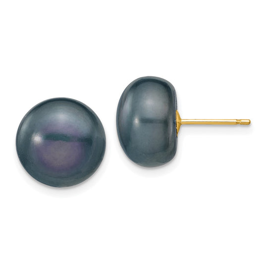 14K Yellow Gold 11-12mm Black Button FWC Pearl Stud Post Earrings