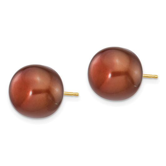 14K Yellow Gold 11-12mm Coffee Button FWC Pearl Stud Post Earrings