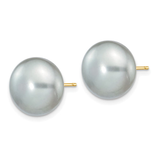 14K Yellow Gold 11-12mm Grey Button FWC Pearl Stud Post Earrings