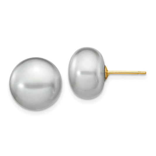 14K Yellow Gold 11-12mm Grey Button FWC Pearl Stud Post Earrings