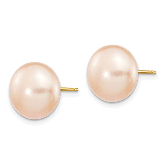 14K Yellow Gold 11-12mm Pink Button FWC Pearl Stud Post Earrings