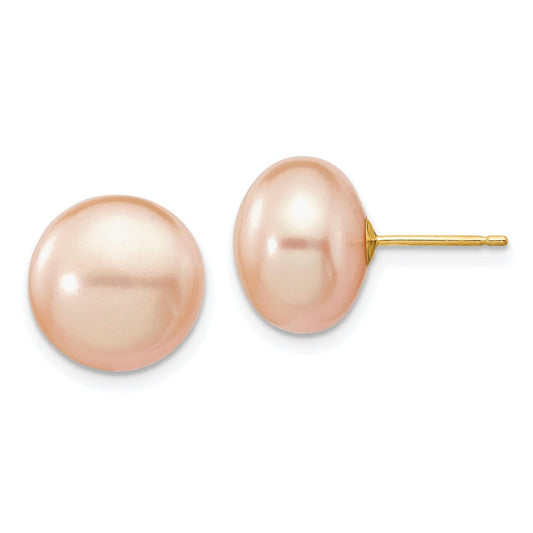 14K Yellow Gold 11-12mm Pink Button FWC Pearl Stud Post Earrings