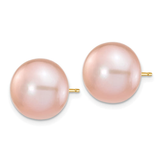 14K Yellow Gold 11-12mm Purple Button FWC Pearl Stud Post Earrings