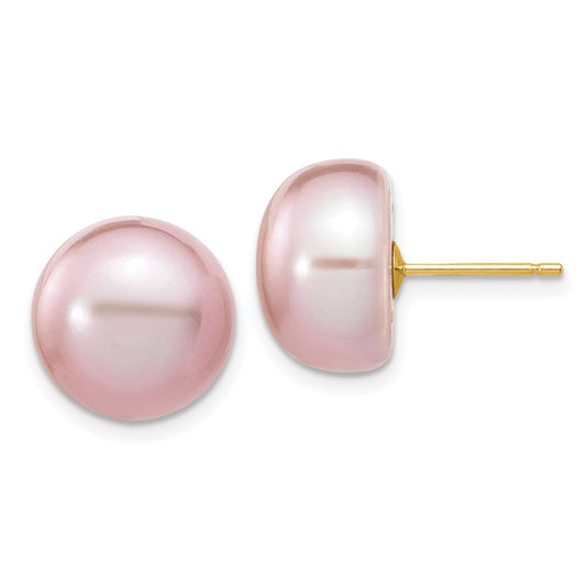 14K Yellow Gold 11-12mm Purple Button FWC Pearl Stud Post Earrings