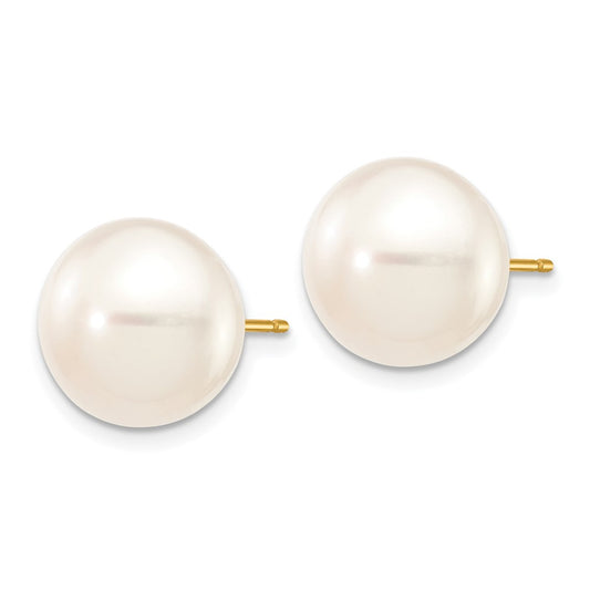 14K Yellow Gold 11-12mm White Button FWC Pearl Stud Post Earrings