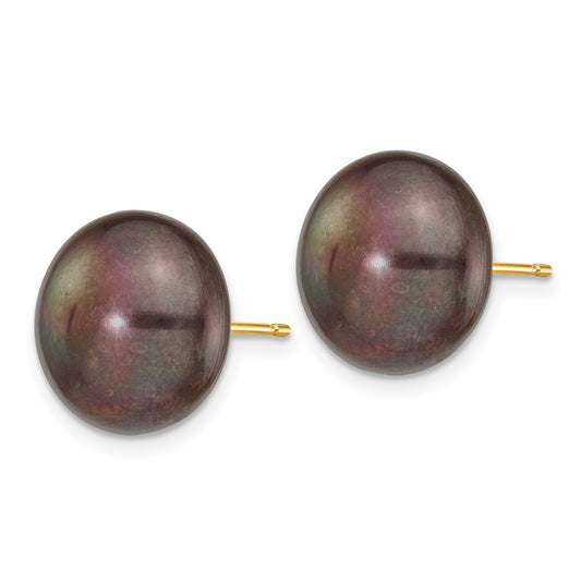 14K Yellow Gold 12-13mm Black Button FWC Pearl Stud Post Earrings