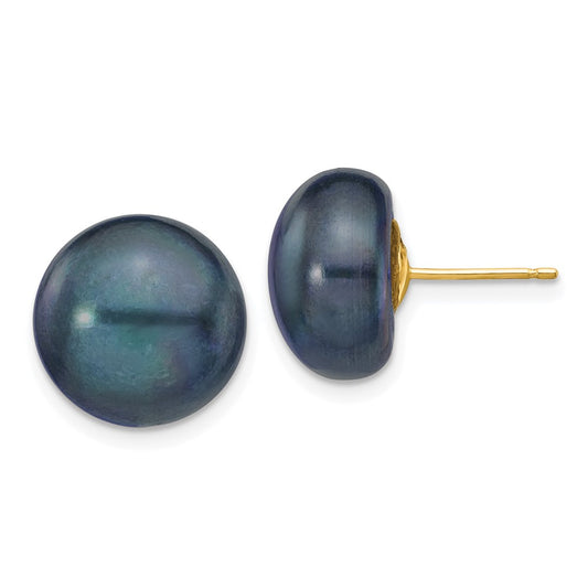 14K Yellow Gold 12-13mm Black Button FWC Pearl Stud Post Earrings