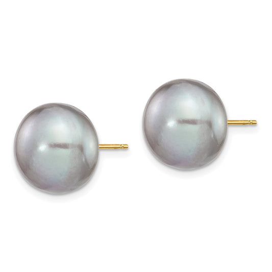 14K Yellow Gold 12-13mm Grey Button FWC Pearl Stud Post Earrings