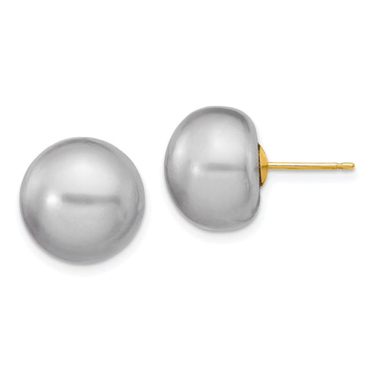 14K Yellow Gold 12-13mm Grey Button FWC Pearl Stud Post Earrings