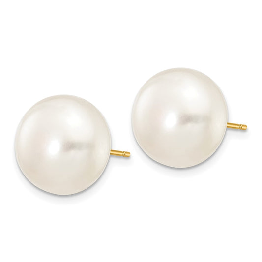 14K Yellow Gold 12-13mm White Button FWC Pearl Stud Post Earrings