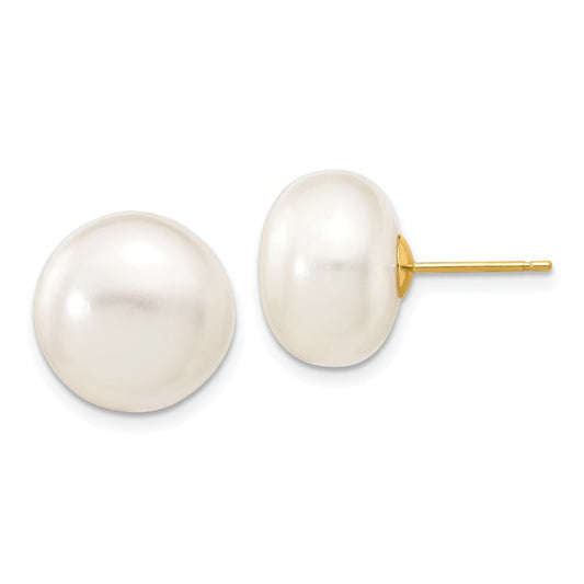 14K Yellow Gold 12-13mm White Button FWC Pearl Stud Post Earrings