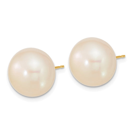 14K Yellow Gold 13-14mm White Button FWC Pearl Post Earrings