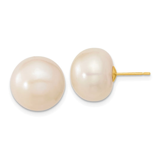 14K Yellow Gold 13-14mm White Button FWC Pearl Post Earrings