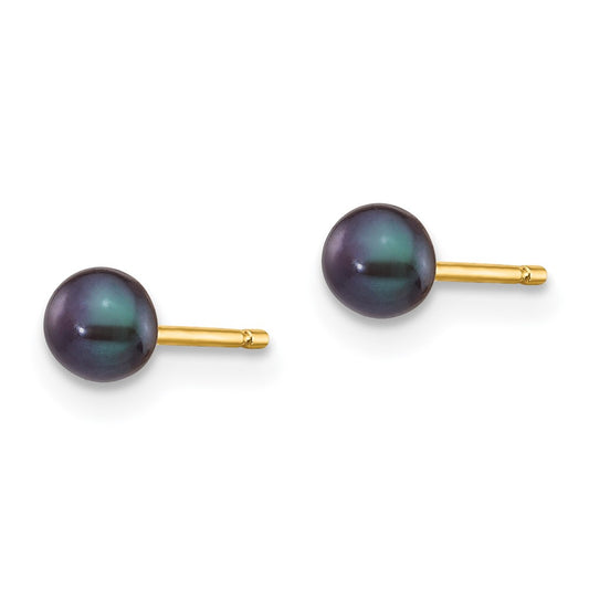 14K Yellow Gold 3-4mm Black Button FWC Pearl Stud Post Earrings