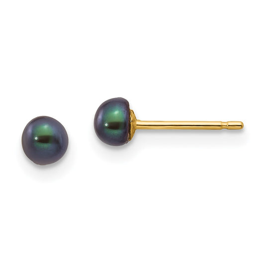 14K Yellow Gold 3-4mm Black Button FWC Pearl Stud Post Earrings