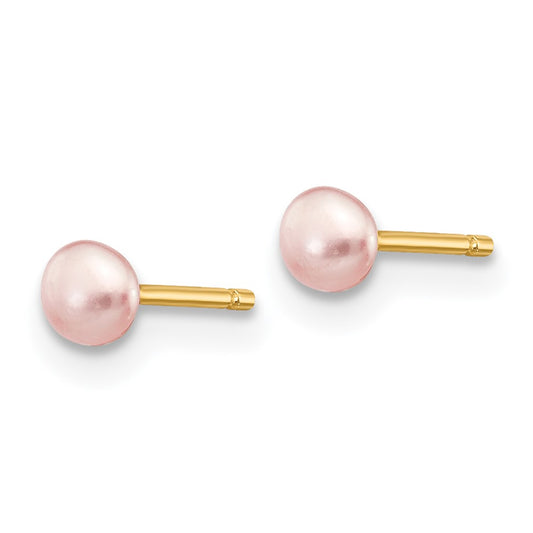 14K Yellow Gold 3-4mm Pink Button FWC Pearl Stud Post Earrings