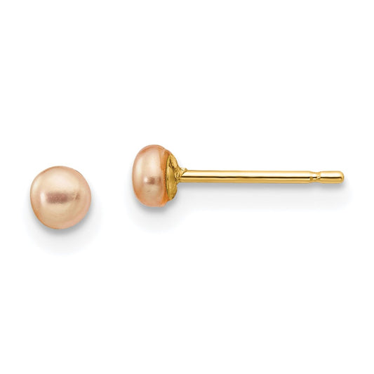 14K Yellow Gold 3-4mm Pink Button FWC Pearl Stud Post Earrings