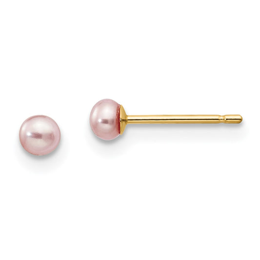 14K Yellow Gold 3-4mm Purple Button FWC Pearl Stud Post Earrings