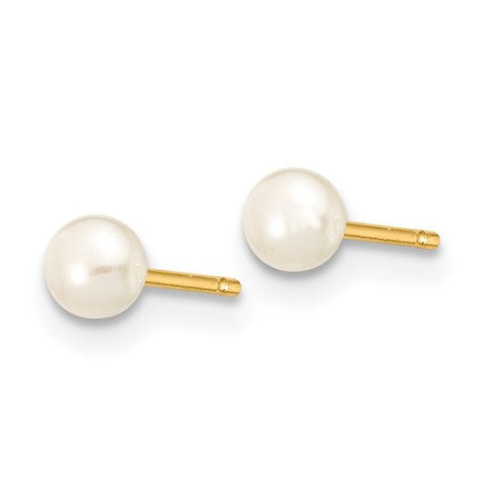 14K Yellow Gold 3-4mm White Button FWC Pearl Stud Post Earrings