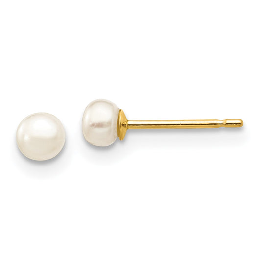 14K Yellow Gold 3-4mm White Button FWC Pearl Stud Post Earrings