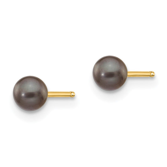 14K Yellow Gold 3-4mm Black Round FWC Pearl Stud Post Earrings