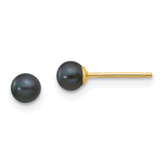 14K Yellow Gold 3-4mm Black Round FWC Pearl Stud Post Earrings