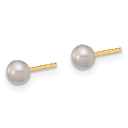 14K Yellow Gold 3-4mm Round Grey FWC Pearl Post Earrings