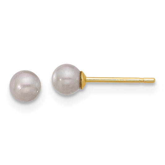 14K Yellow Gold 3-4mm Round Grey FWC Pearl Post Earrings