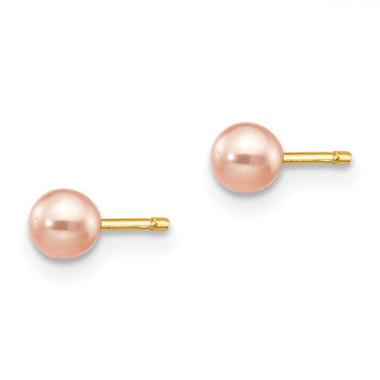 14K Yellow Gold 3-4mm Pink Round FWC Pearl Stud Post Earrings