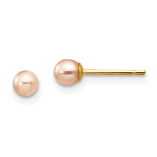 14K Yellow Gold 3-4mm Pink Round FWC Pearl Stud Post Earrings