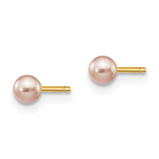 14K Yellow Gold 3-4mm Purple Round FWC Pearl Stud Post Earrings