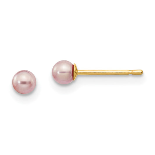 14K Yellow Gold 3-4mm Purple Round FWC Pearl Stud Post Earrings