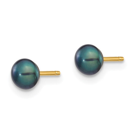 14K Yellow Gold 4-5mm Black Button FWC Pearl Stud Post Earrings