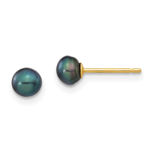 14K Yellow Gold 4-5mm Black Button FWC Pearl Stud Post Earrings