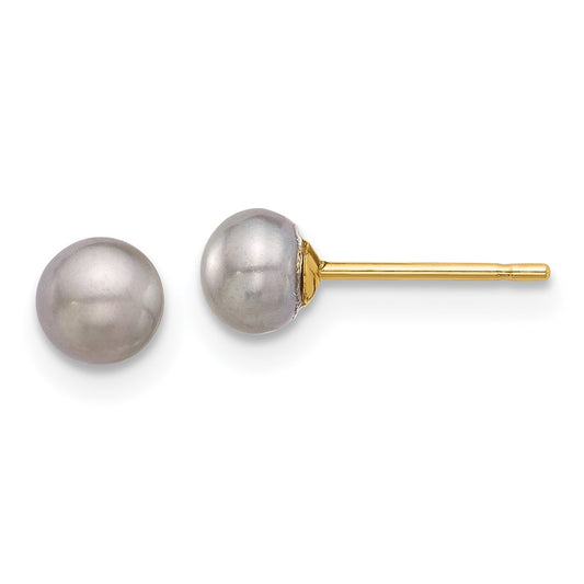 14K Yellow Gold 4-5mm Grey Button FWC Pearl Stud Post Earrings