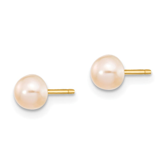 14K Yellow Gold 4-5mm Pink FWC Button Pearl Stud Post Earrings