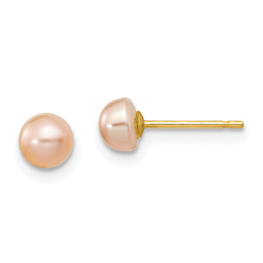 14K Yellow Gold 4-5mm Pink FWC Button Pearl Stud Post Earrings