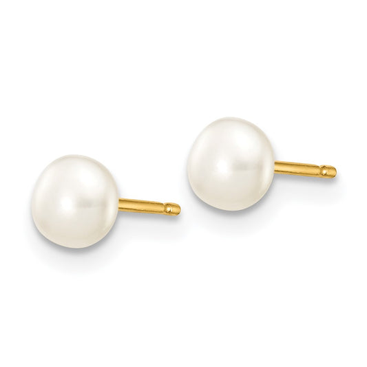 14K Yellow Gold 4-5mm White Button FWC Pearl Stud Post Earrings