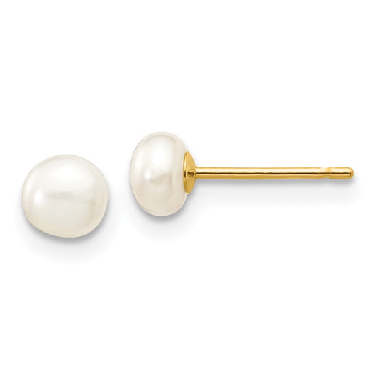 14K Yellow Gold 4-5mm White Button FWC Pearl Stud Post Earrings